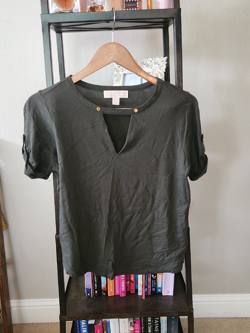 MICHAEL Michael Kors Black Short Sleeve Keyhole Top with Gold Accents